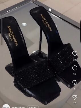 Saint Laurent Black Glitter Crystal-Embellished Slide Heels size 37.5